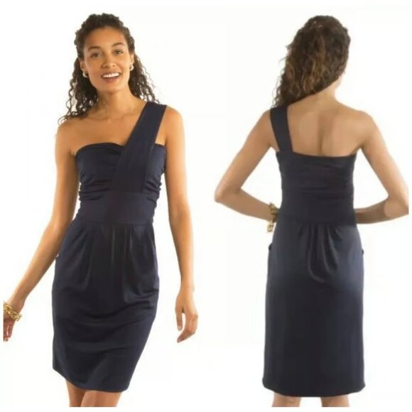 GRETCHEN SCOTT Jane Dress Womens Medium One Shoulder Pleated Cocktail Pockets - Picture 1 of 10
